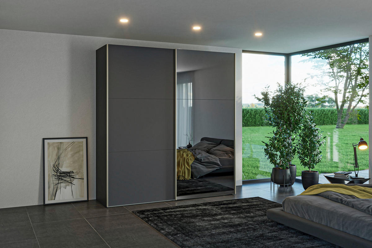 SCHWEBETÜRENSCHRANK 203/220/65 cm 2-türig Anthrazit, Schwarz  - Edelstahlfarben/Anthrazit, Design, Glas/Holzwerkstoff (203/220/65cm) - Jutzler