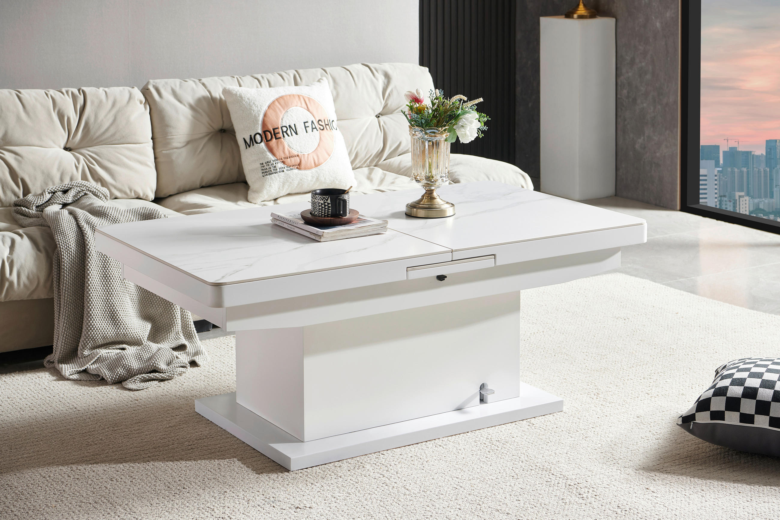 COUCHTISCH 125-150/70/49,5-79 cm rechteckig Weiß  - Weiß, Design, Keramik/Metall (125-150/70/49,5-79cm) - Livetastic