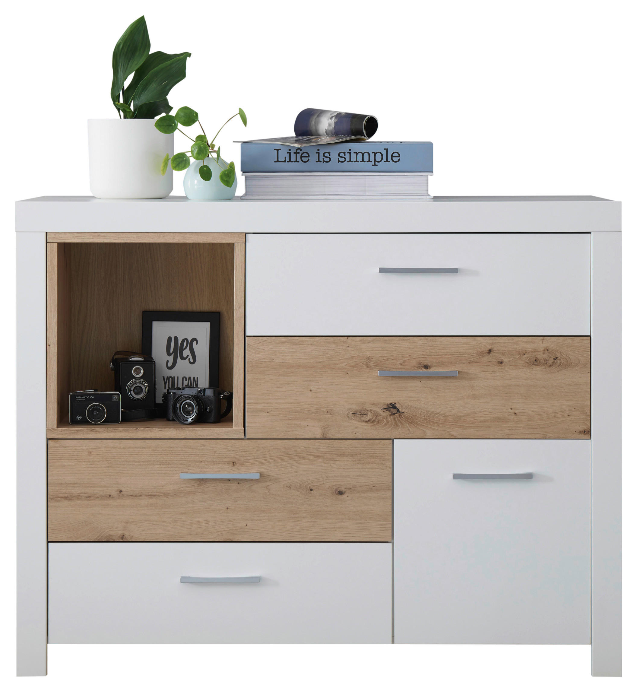 KOMMODE Weiß, Eichefarben - Chromfarben/Eichefarben, Design, Metall (120/94/38cm) - Xora