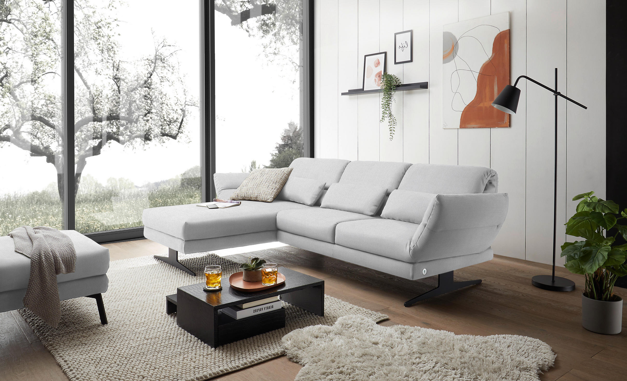 ECKSOFA in Flachgewebe Creme  - Creme/Schwarz, Design, Textil/Metall (176-217/279-327cm) - Dieter Knoll