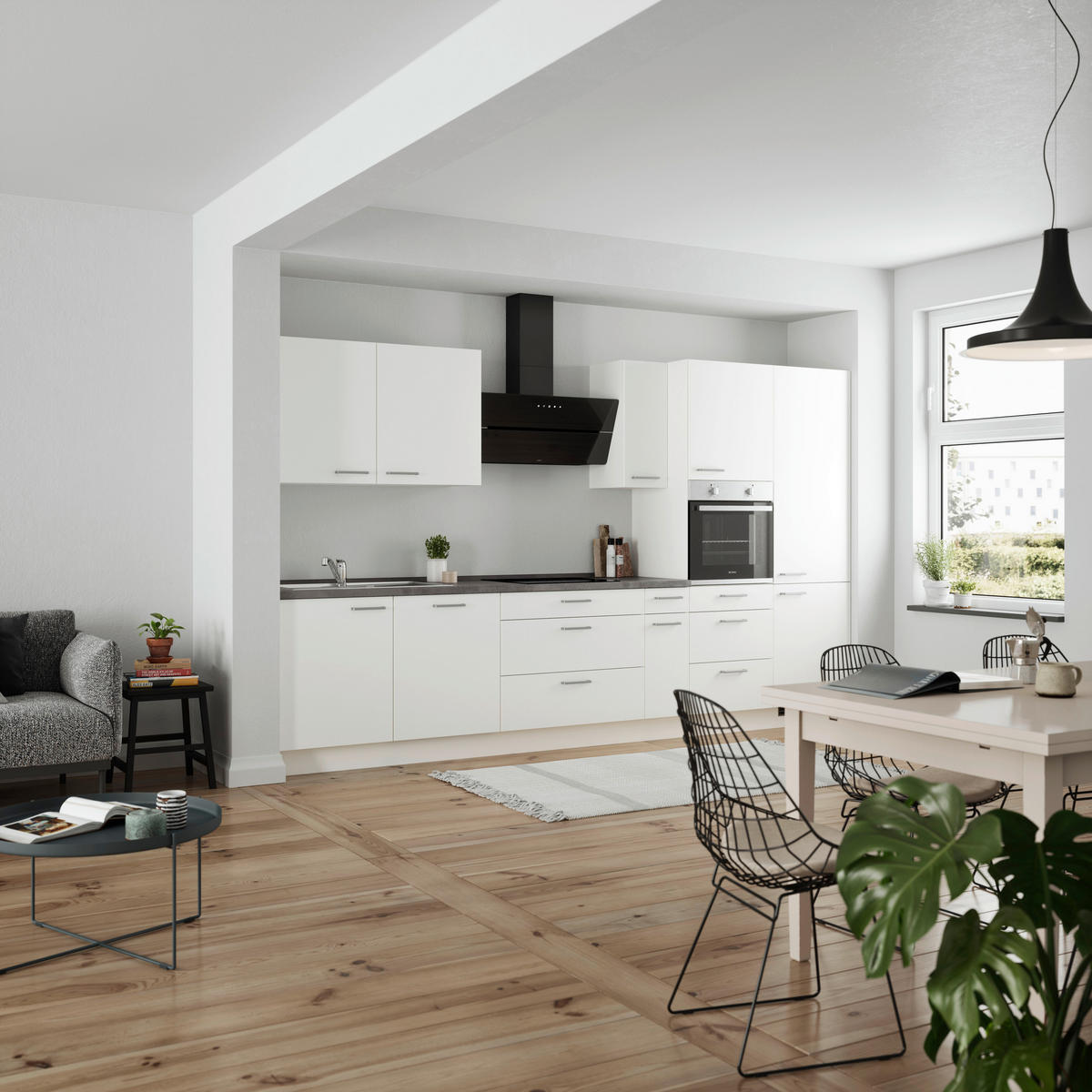 BUCĂTĂRIE FĂRĂ ELECTROCASNICE  - alb/culoare inox, Modern, metal/material pe bază de lemn (360cm) - Nobilia