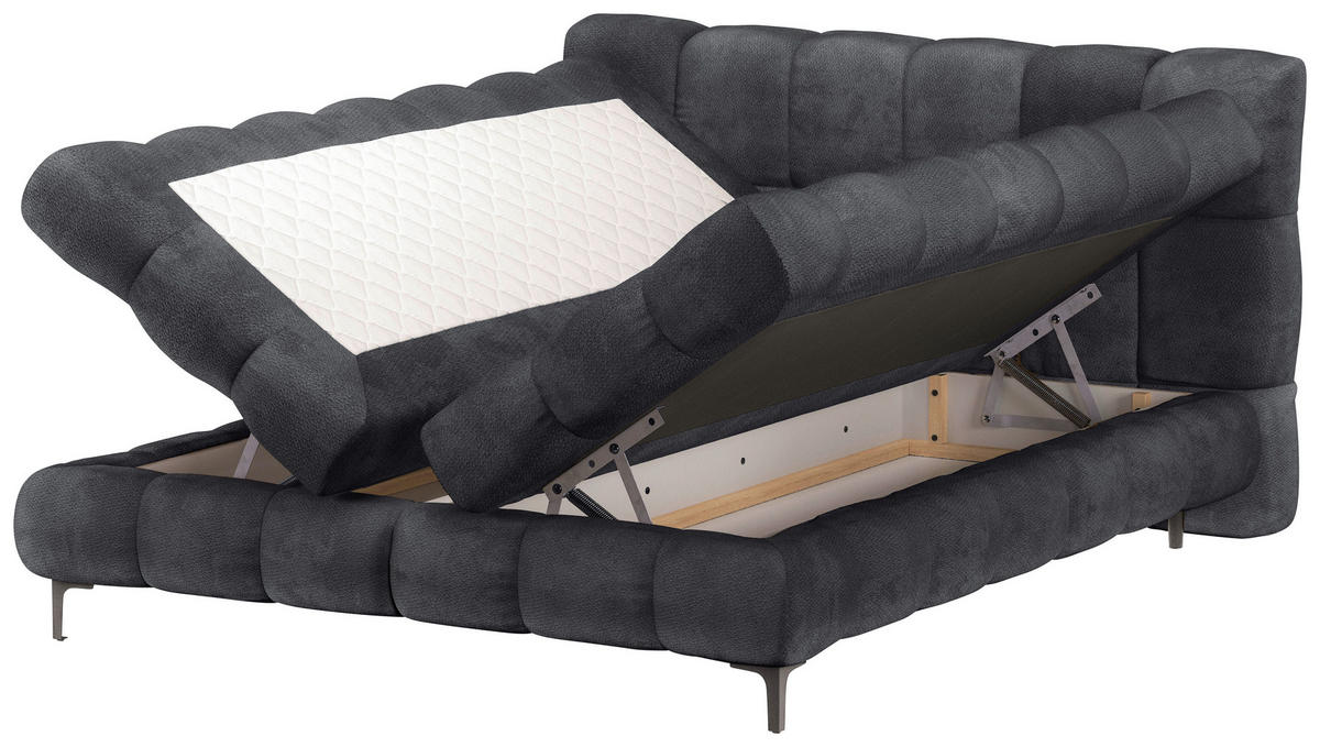 BOXBETT 180/200 cm,  in Anthrazit, gepolstertes Kopfteil, Bettkasten, Topper, H3 + H3 = fest  - Anthrazit/Schwarz, Design, Textil/Metall (180/200cm) - Ti'me