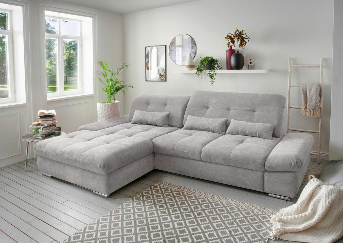 ECKSOFA in Chenille Grau  - Chromfarben/Grau, Design, Textil/Metall (196/300cm) - Livetastic