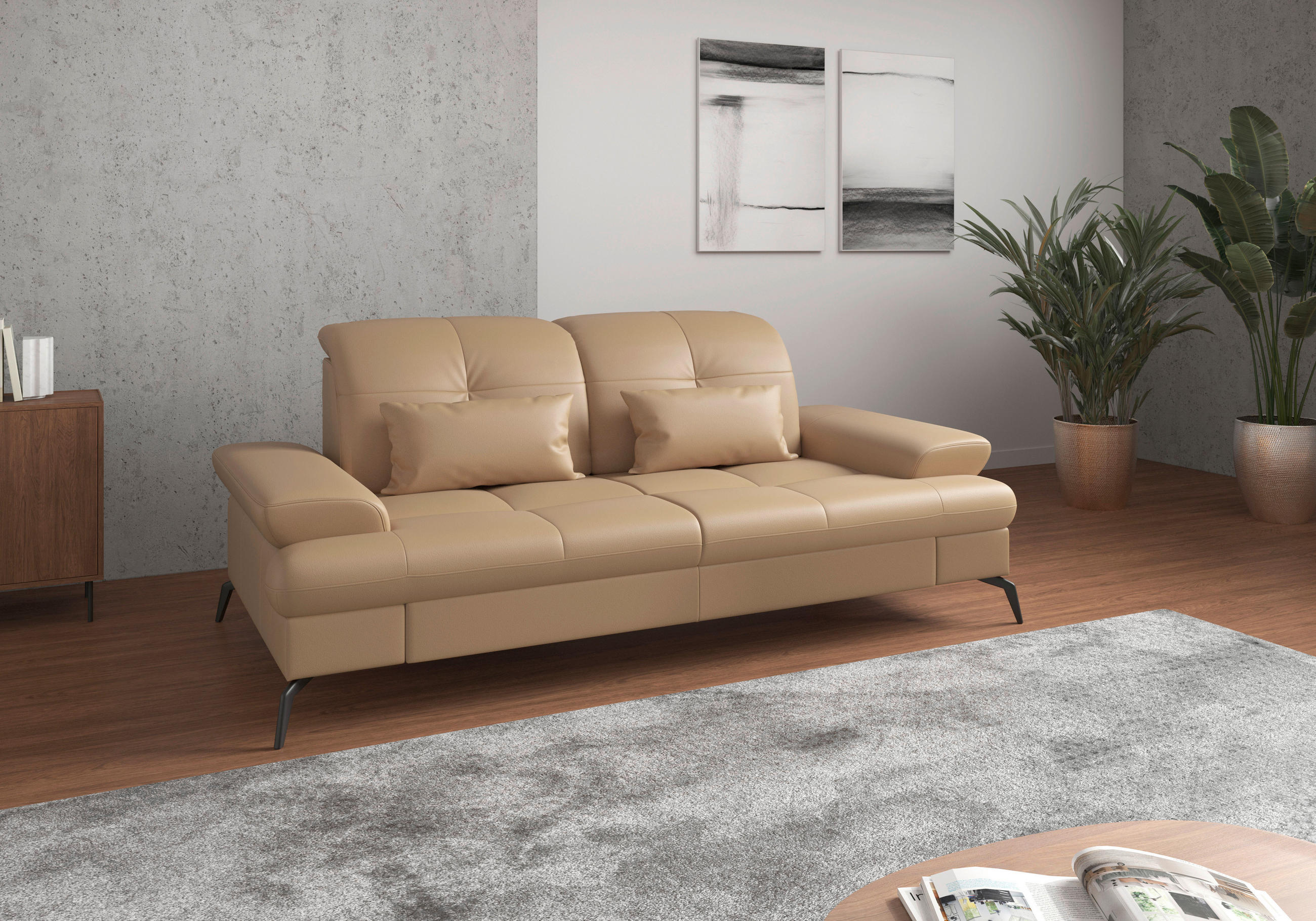 3-SITZER-SOFA in Echtleder Cappuccino  - Schwarz/Cappuccino, Konventionell, Leder/Metall (212/90/122cm) - Sit & More