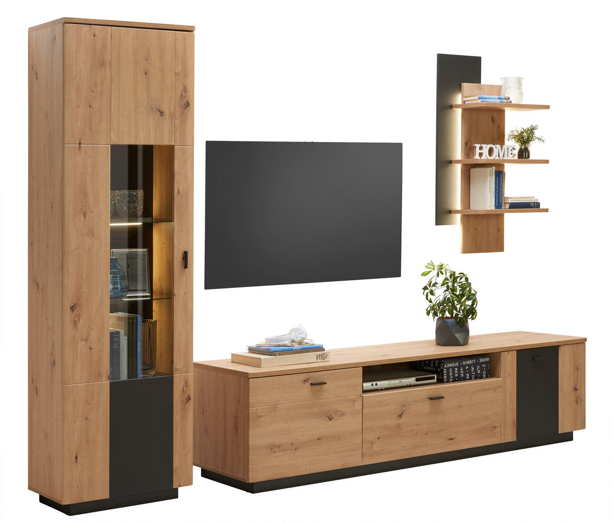 VITRINA, antracit, barve hrasta - črna/barve hrasta, Design, kovina/steklo (60/201/37cm) - Hom`in