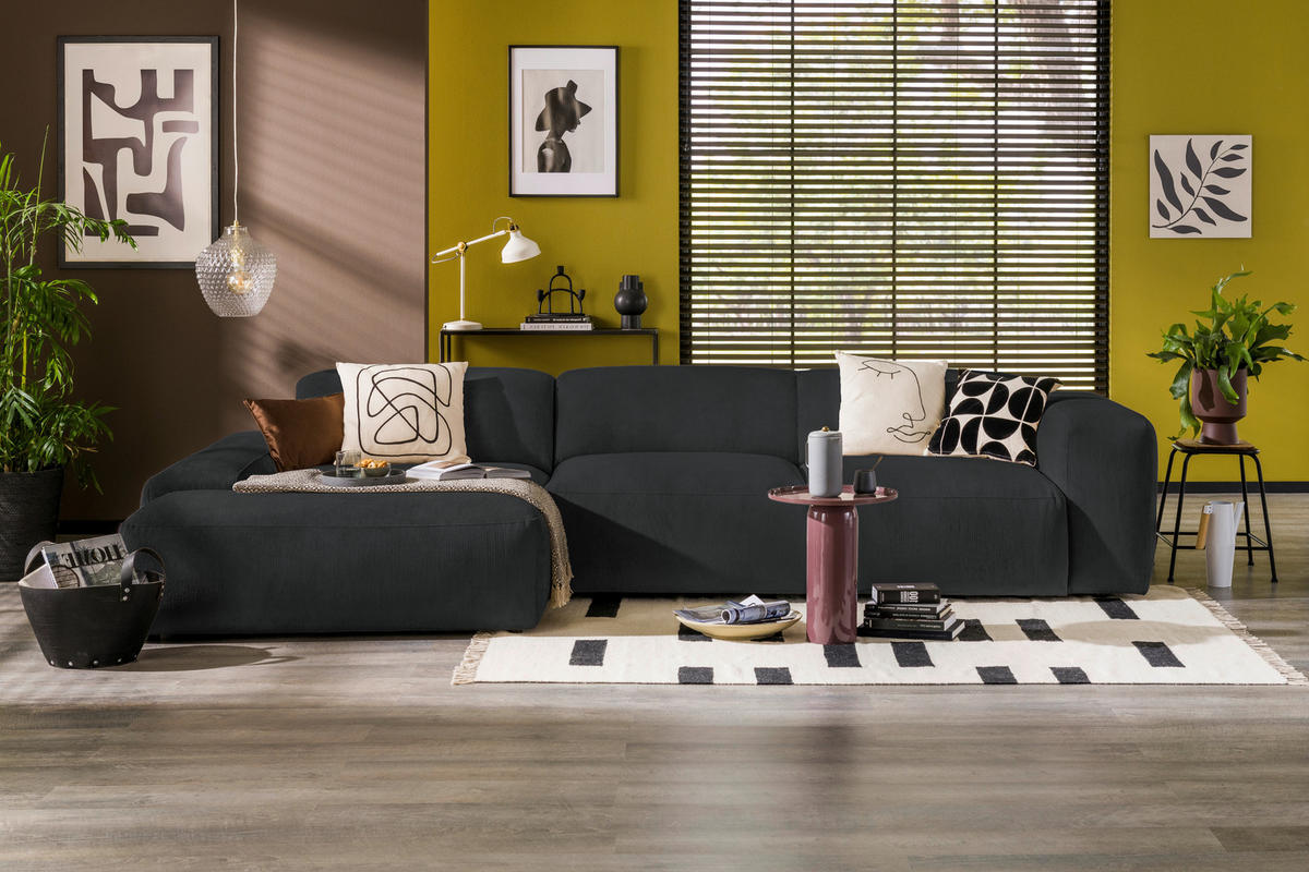 ECKSOFA HANNAH Schwarz Cord  - Schwarz, Design, Kunststoff/Textil (170/343cm) - MID.YOU