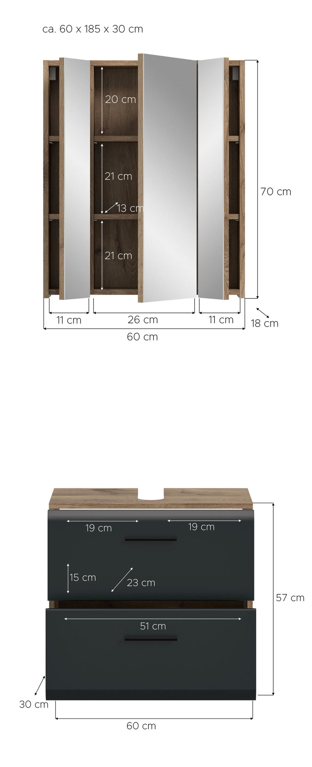 BADEZIMMER 2-teilig  in 60 cm  - Eiche dunkel/Schwarz, Trend, Glas/Holzwerkstoff (60cm) - MID.YOU