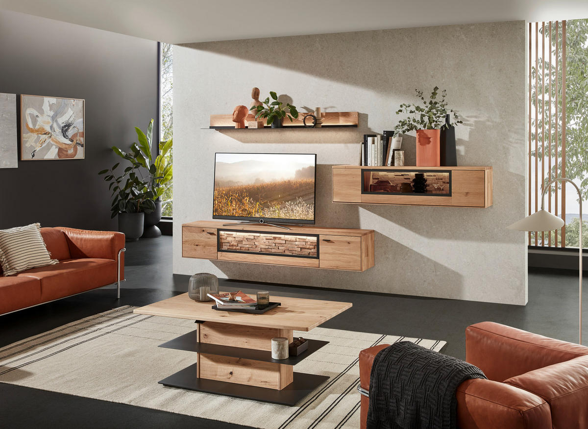 WOHNWAND  in Wildeiche 331,5/131,5/37,1 cm  - Wildeiche/Graphitfarben, Natur, Glas/Holz (331,5/131,5/37,1cm) - Valnatura