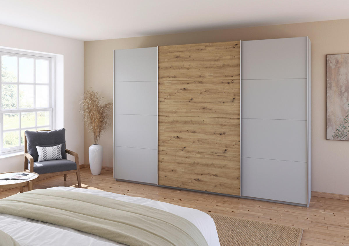 SCHWEBETÜRENSCHRANK  in Eiche Artisan, Seidengrau  - Seidengrau/Alufarben, KONVENTIONELL, Holzwerkstoff/Metall (315/210/62cm) - Xora