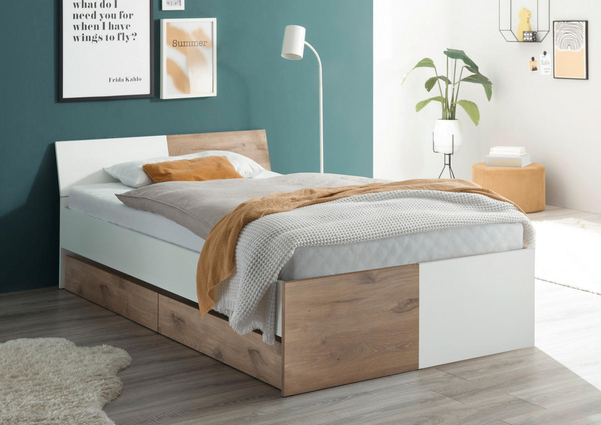 BETT 120/200 cm  in Weiß, Eichefarben  - Eichefarben/Weiß, KONVENTIONELL (120/200cm) - MID.YOU