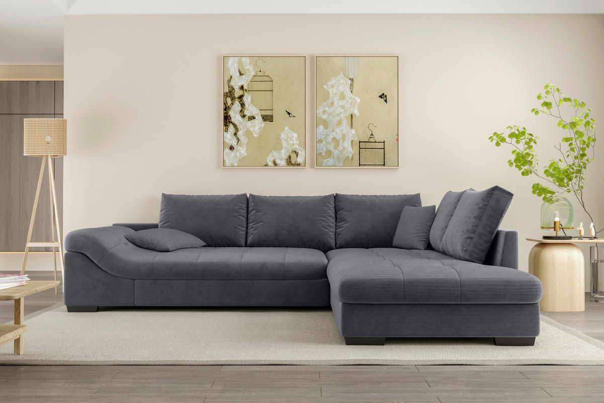 ECKSOFA in Cord Graphitfarben  - Schwarz/Graphitfarben, Konventionell, Holz/Textil (298/202cm) - MID.YOU