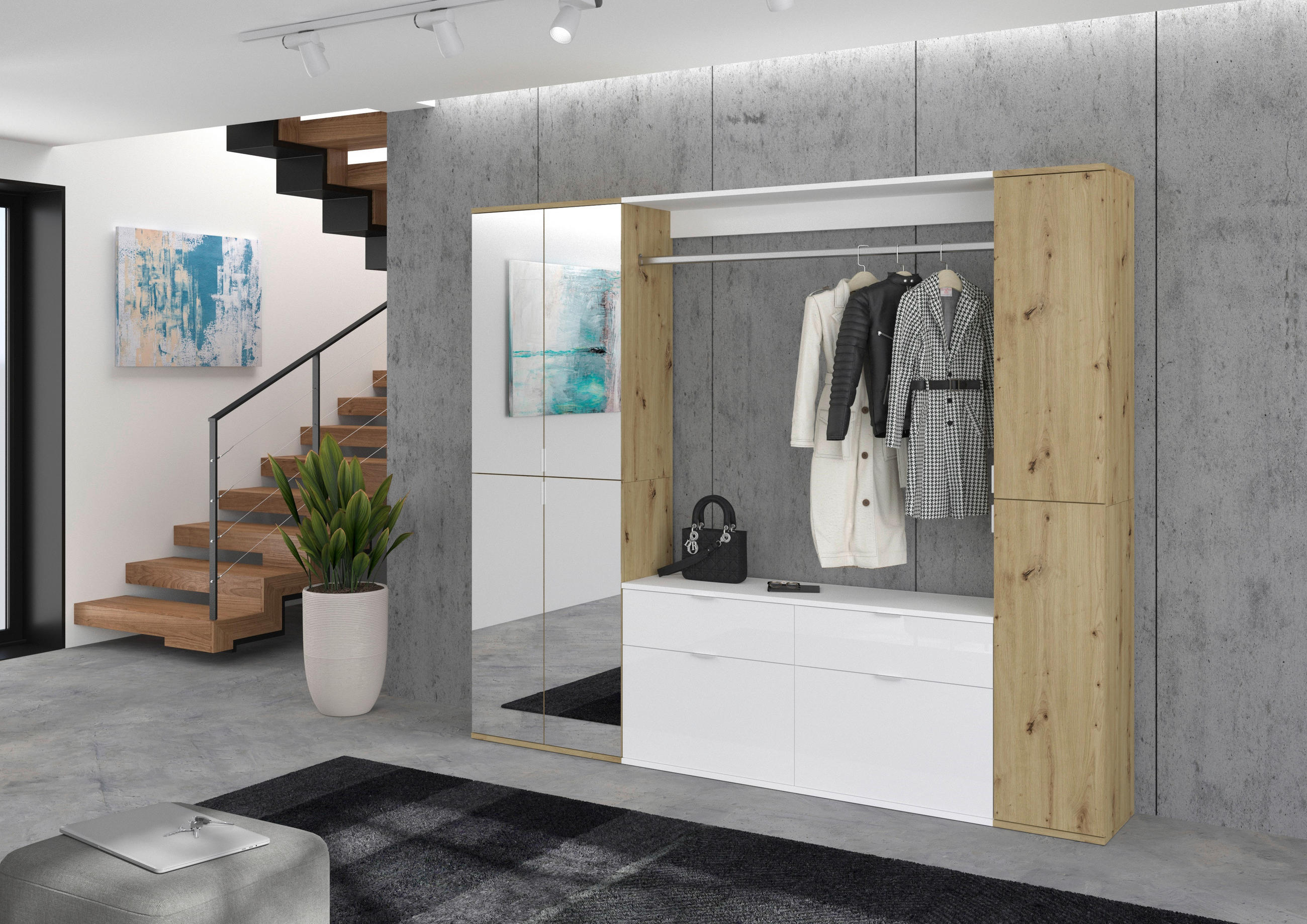 Thumbnail - Mid.you Garderobe, Weiß Hochglanz, Glas, Holzwerkstoff, 3-teilig, 2 Schublade(n) Schubladen, 212x193x34 cm, FSC Mix, Gar...