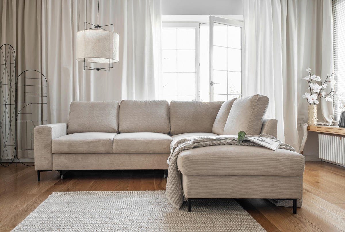 ECKSOFA in Cord Beige  - Beige/Schwarz, Design, Textil/Metall (237/197cm) - MID.YOU