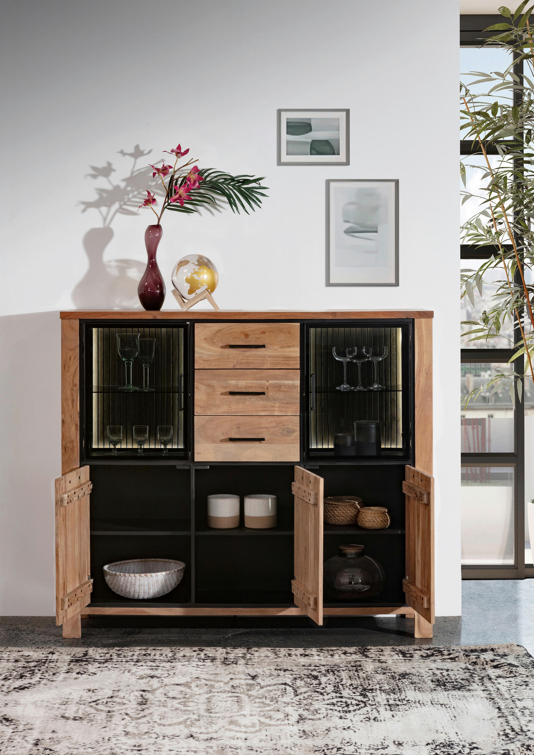 HIGHBOARD  in 155/136/44 cm  - Schwarz/Akaziefarben, LIFESTYLE, Glas/Holz (155/136/44cm) - Landscape