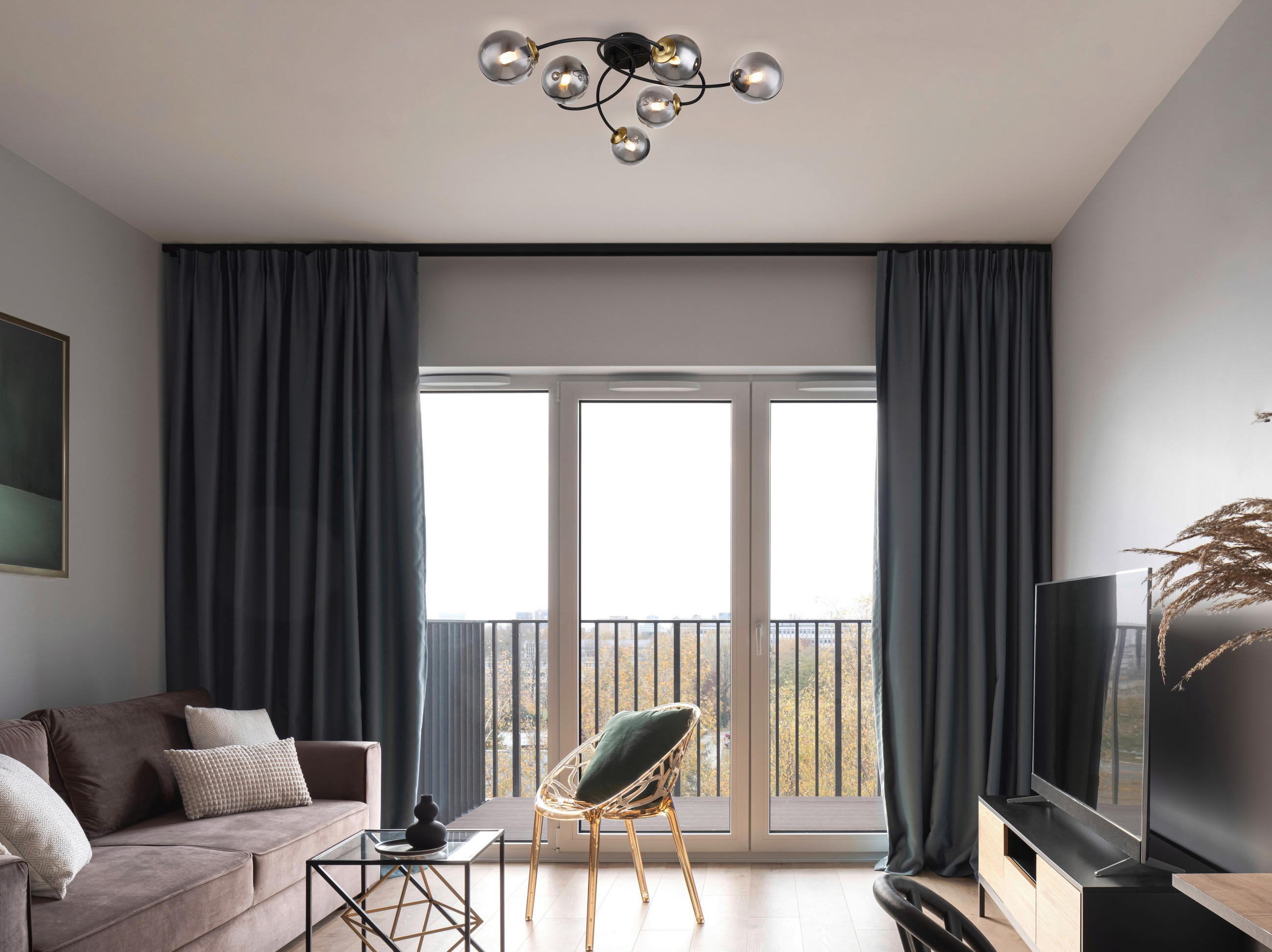 TAKLAMPA JORGE 52/45/17,5 cm  - mässingsfärgad/grå, Design, metall/glas (52/45/17,5cm) - Globo