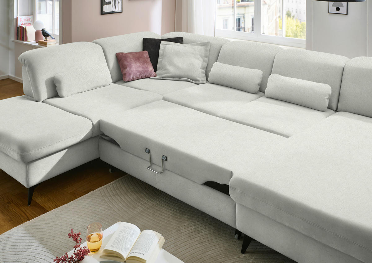 WOHNLANDSCHAFT  in Chenille Naturfarben  - Schwarz/Naturfarben, Design, Textil/Metall (255/369/198cm) - Beldomo Style