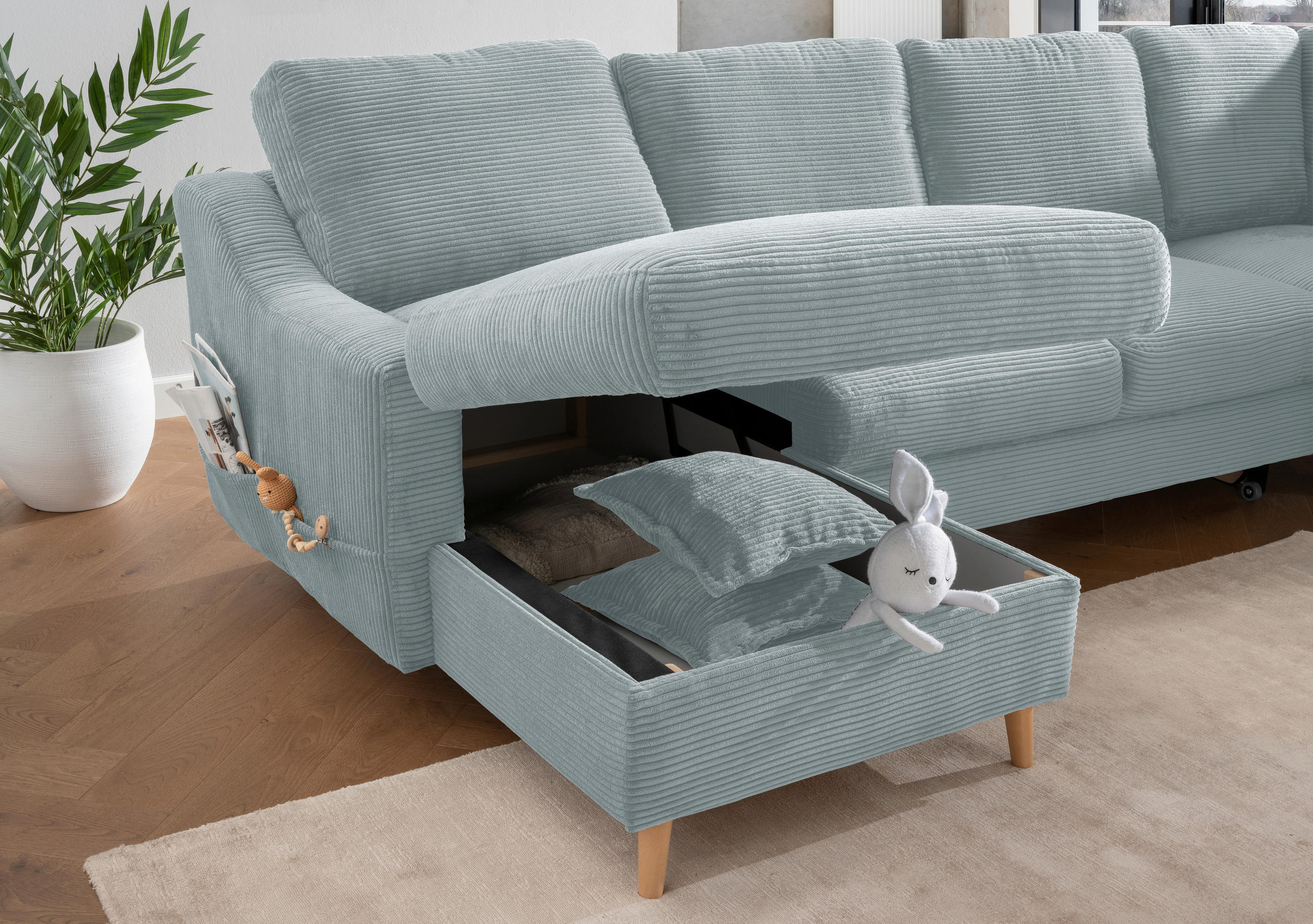 WOHNLANDSCHAFT Hellblau Cord  - Naturfarben/Hellblau, KONVENTIONELL, Holz/Textil (150/301/200cm) - P & B