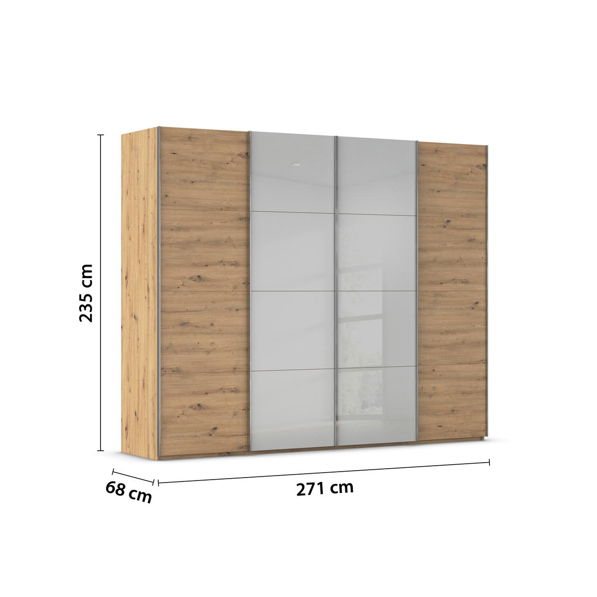 SCHWEBETÜRENSCHRANK 271/235/68 cm 4-türig Grau, Eiche Artisan  - Chromfarben/Eiche Artisan, KONVENTIONELL, Glas/Holzwerkstoff (271/235/68cm) - Novel