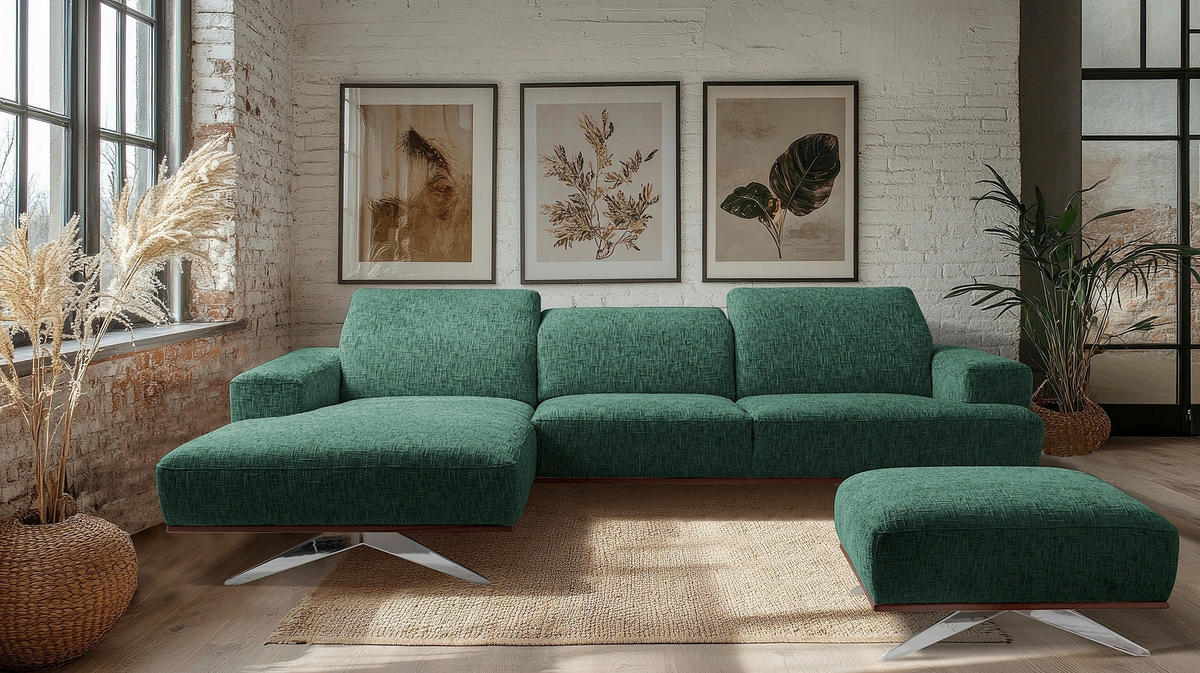 ECKSOFA Struktur Grün  - Chromfarben/Grün, Design, Holz/Textil (187/295cm) - Livetastic