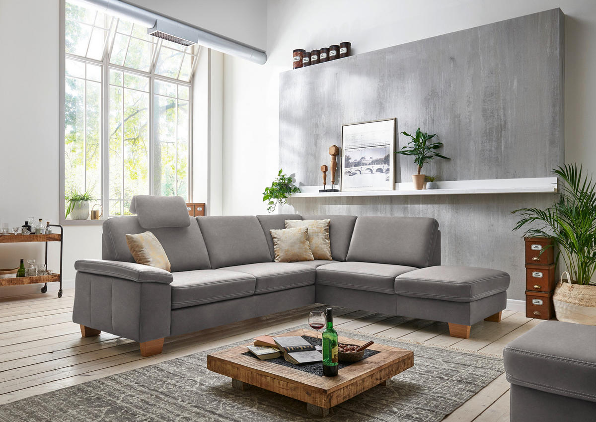 ECKSOFA  in Echtleder Grau  274/235 cm  - Eichefarben/Beige, KONVENTIONELL, Leder/Holzwerkstoff (274/235cm) - Beldomo Premium