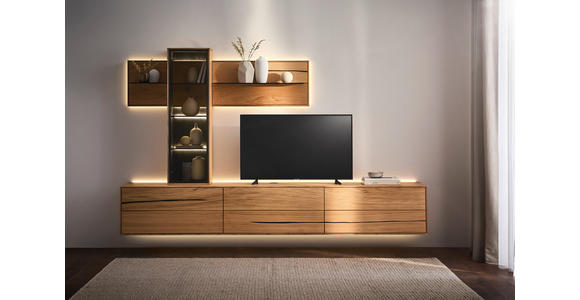 WOHNWAND 3-teilig  in Braun, Schwarz, Eichefarben  280/195/50 cm  - Eichefarben/Schwarz, Natur, Glas/Holz (280/195/50cm) - Waldwelt