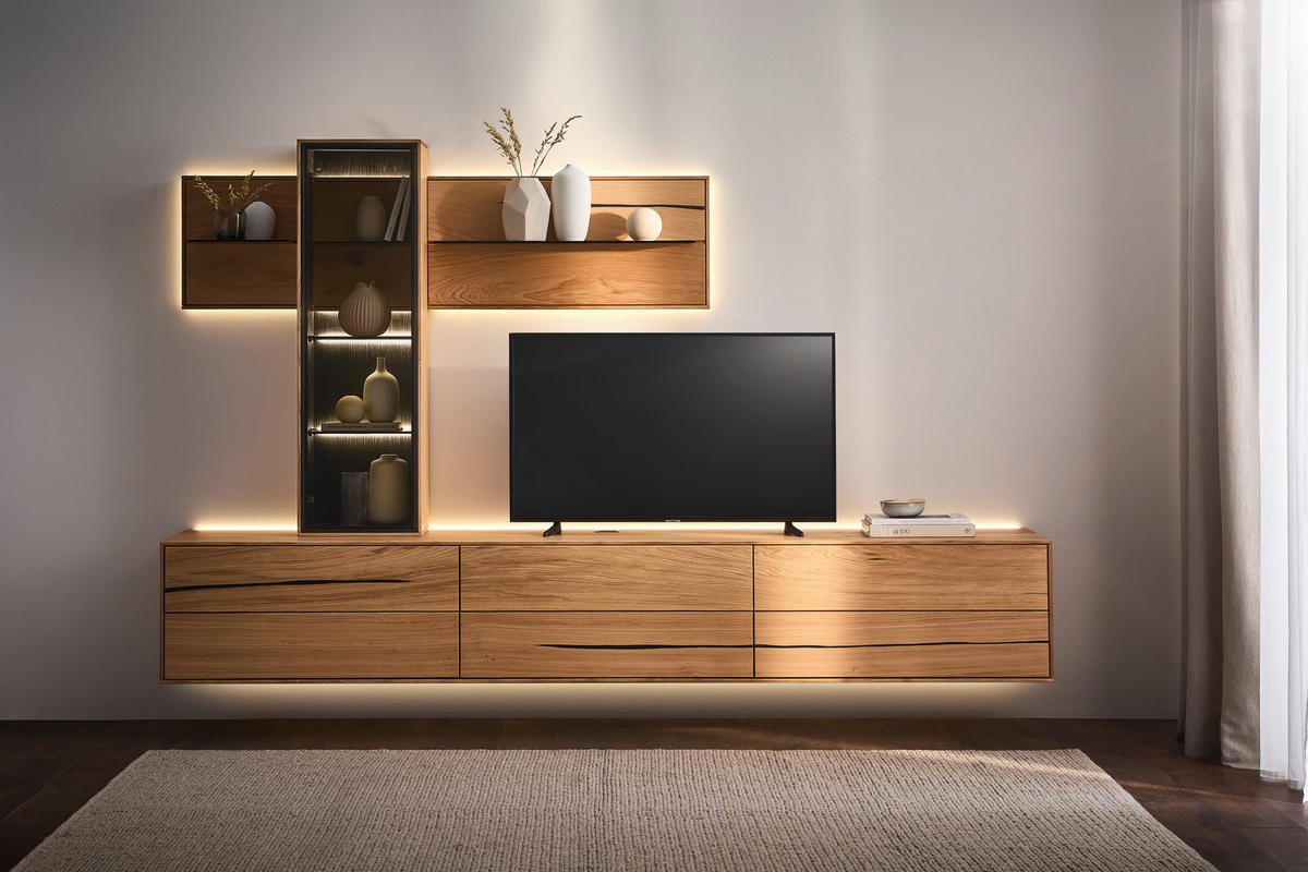 WOHNWAND 3-teilig  in Braun, Schwarz, Eichefarben  280/195/50 cm  - Eichefarben/Schwarz, Natur, Glas/Holz (280/195/50cm) - Waldwelt