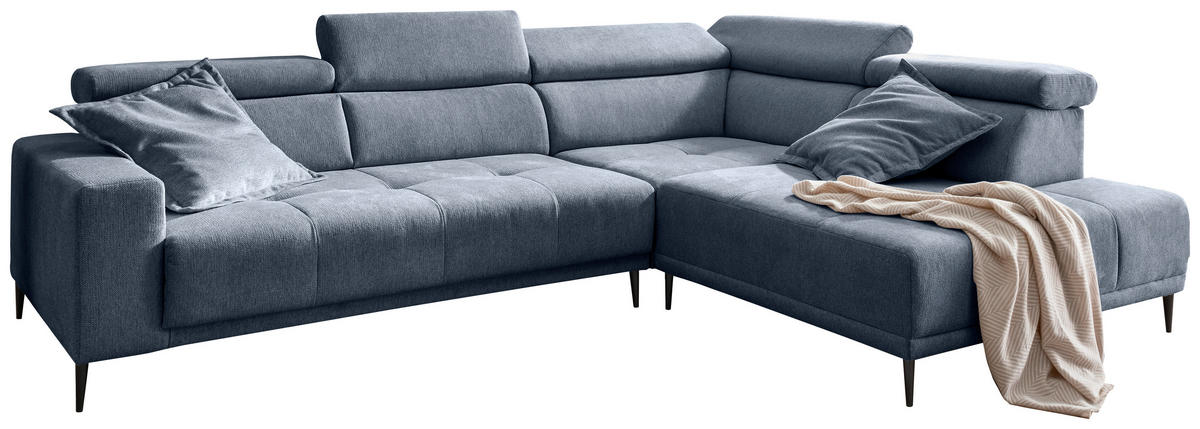 ECKSOFA INTERA Hellblau Chenille Kopfteilverstellung, Sitzvorzug  - Schwarz/Hellblau, KONVENTIONELL, Textil/Metall (305/225cm) - Livetastic