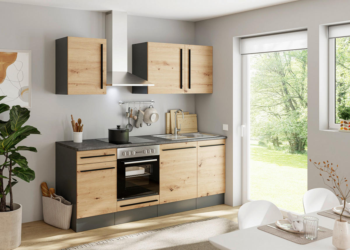 KÜCHENBLOCK 220 cm  in Anthrazit, Eiche Artisan  - Anthrazit/Schwarz, LIFESTYLE, Holzwerkstoff/Kunststoff (220cm) - P & B