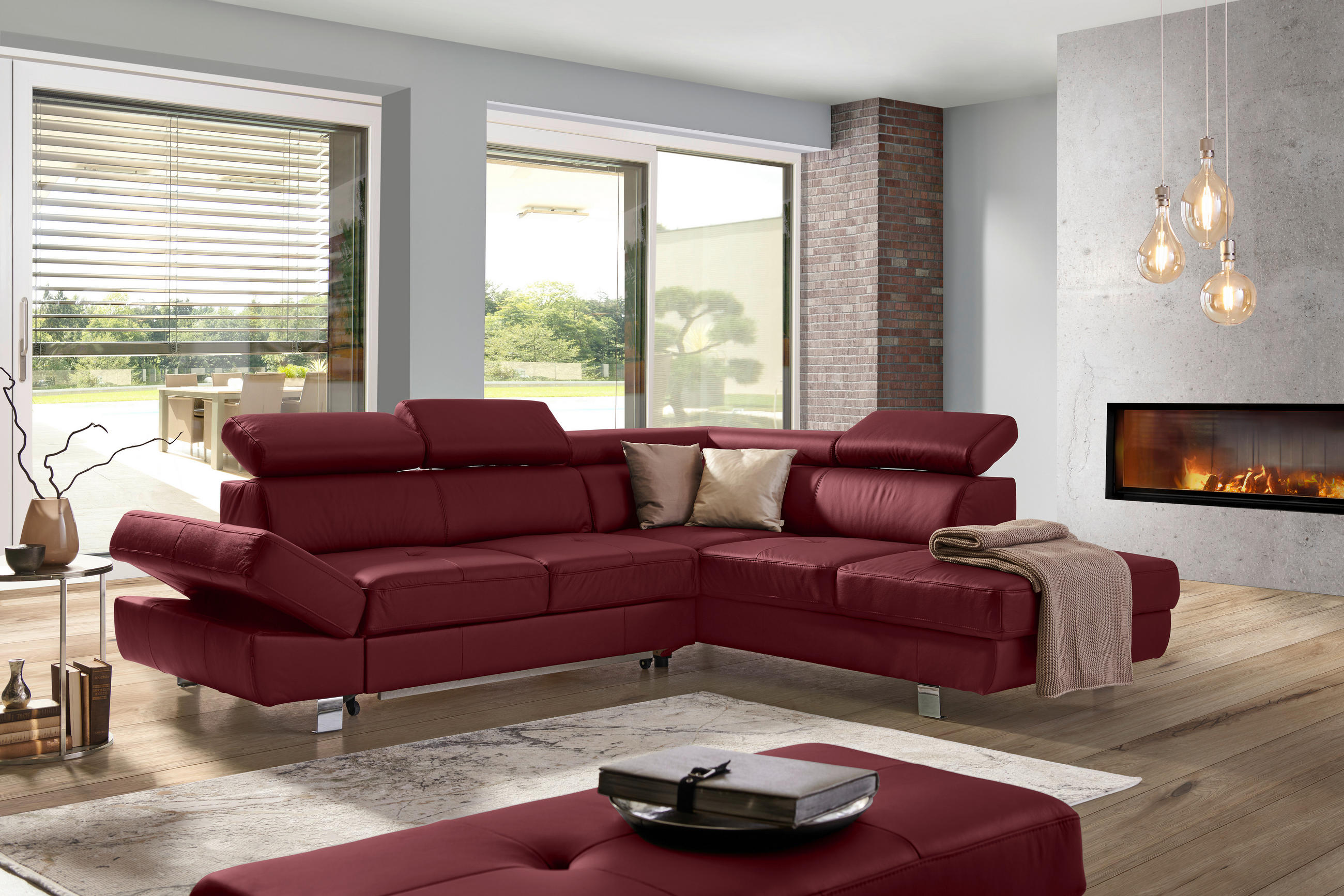 Ecksofa inkl. Funktion Bordeaux Kombination Echtleder/Lederlook Lederlook  - Chromfarben/Bordeaux, Design, Leder/Textil (265/212cm) - Stylife