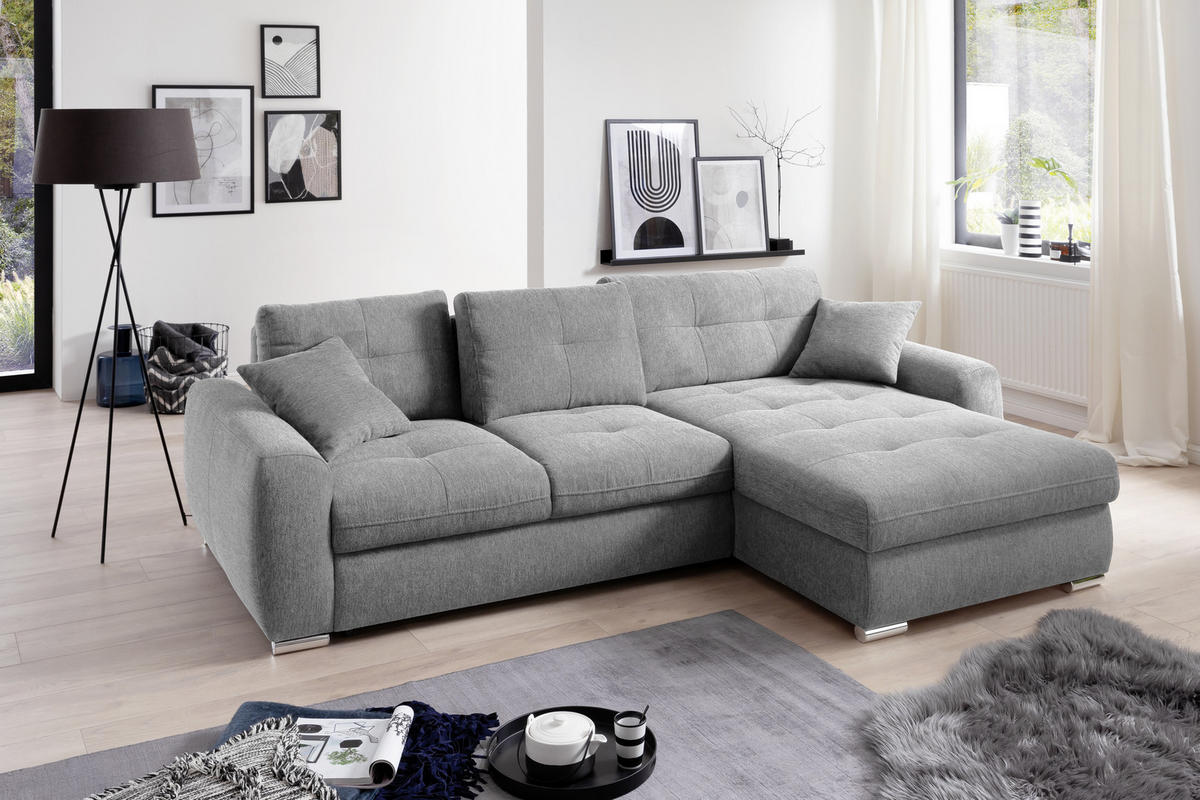 ECKSOFA in Mikrofaser Hellgrau  - Chromfarben/Hellgrau, Modern, Kunststoff/Textil (276/193cm) - Hom`in
