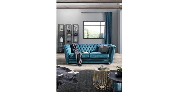 CHESTERFIELD-SOFA in Samt Türkis, Eichefarben - Türkis/Eichefarben, LIFESTYLE, Holz/Textil (220/78/90cm) - Ambia Home