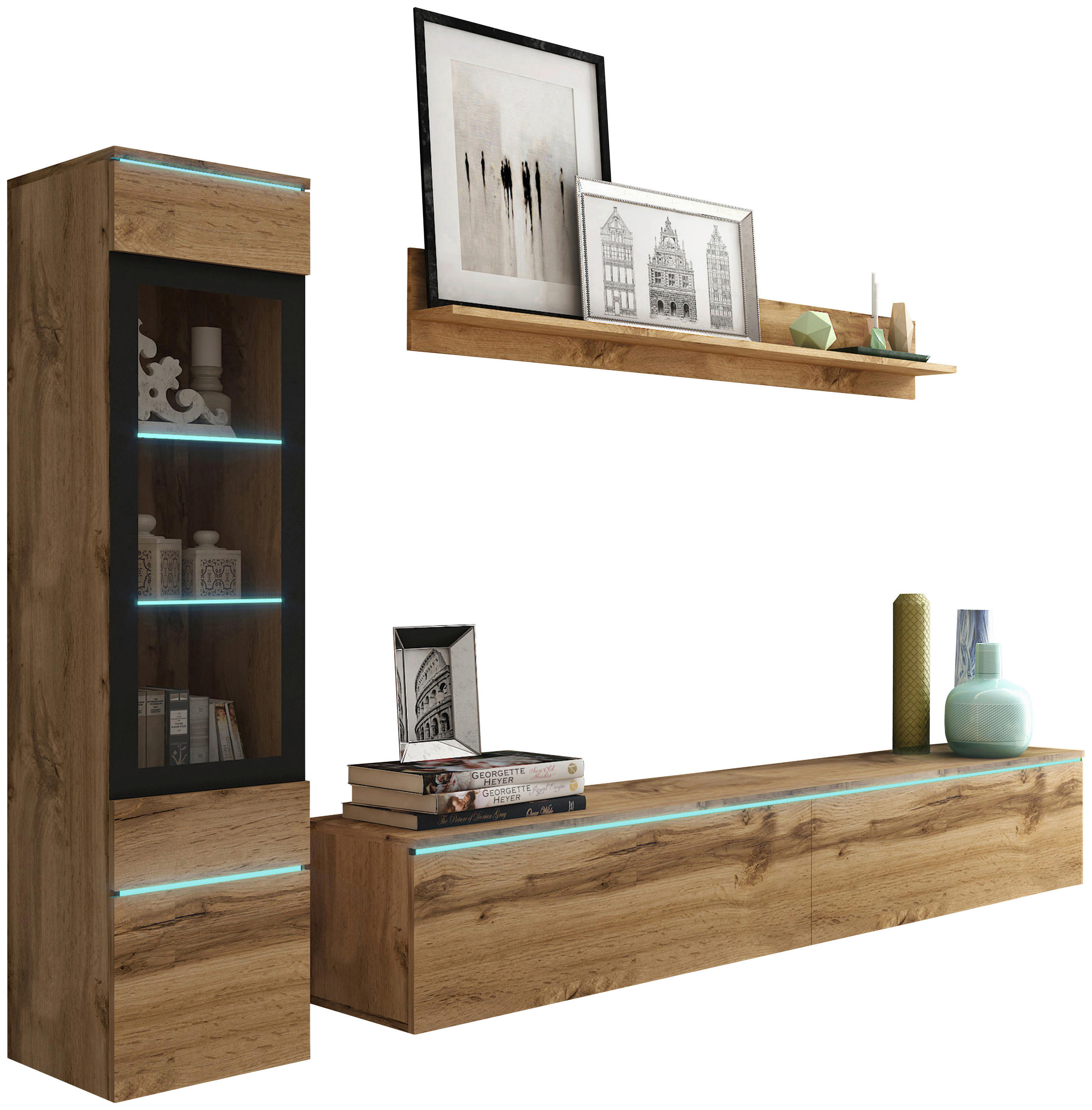 WOHNWAND 3-teilig  in Eiche Wotan  210/130/33 cm  - Eiche Wotan/Grau, LIFESTYLE, Glas/Holzwerkstoff (210/130/33cm) - P & B