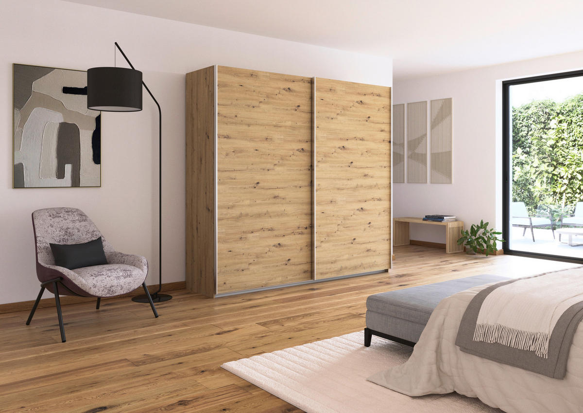 SCHWEBETÜRENSCHRANK  in Eiche Artisan  - Alufarben/Eiche Artisan, KONVENTIONELL, Holzwerkstoff/Metall (225/229/62cm) - Xora