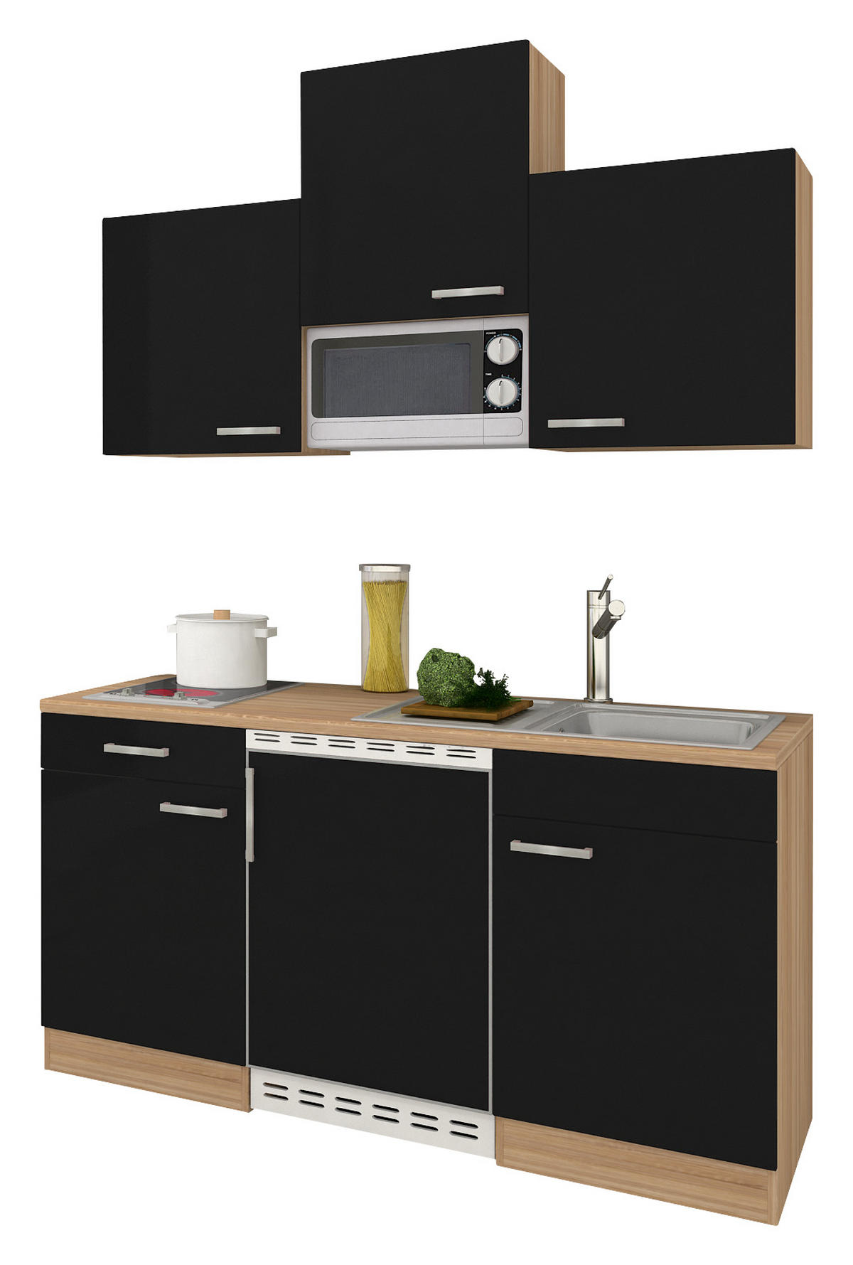 MINIKÜCHE 150 cm   in Schwarz, Eichefarben  - Eichefarben/Schwarz, Basics, Holzwerkstoff (150cm) - Respekta