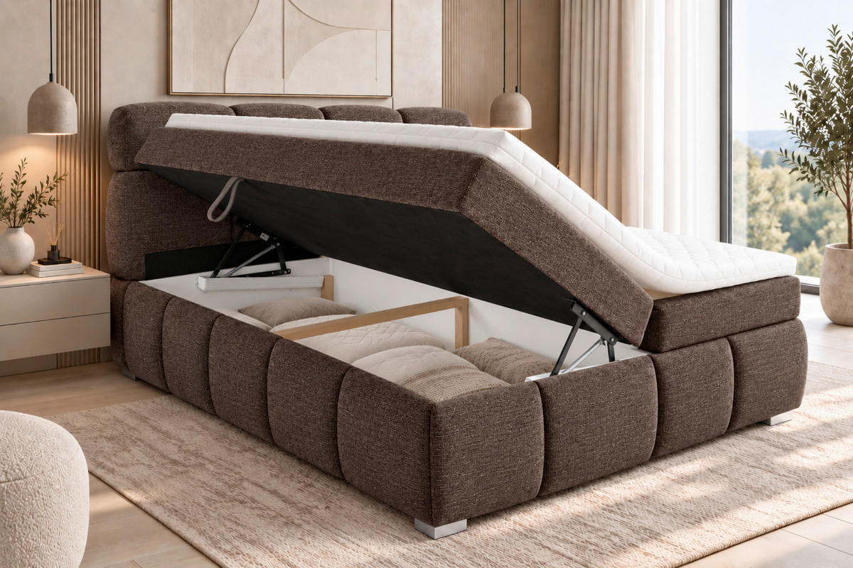 BOXBETT 140/200 cm,  in Braun, Bettkasten, Topper,  - Chromfarben/Braun, MODERN, Holz/Kunststoff (140/200cm) - MID.YOU