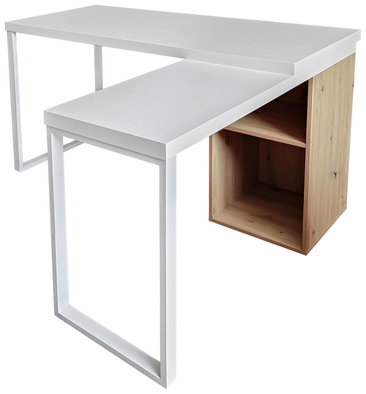 KOTNA PISALNA MIZA kovina, leseni material bela, barve hrasta  - barve hrasta/bela, Moderno, kovina/leseni material (140/60/75cm) - MID.YOU