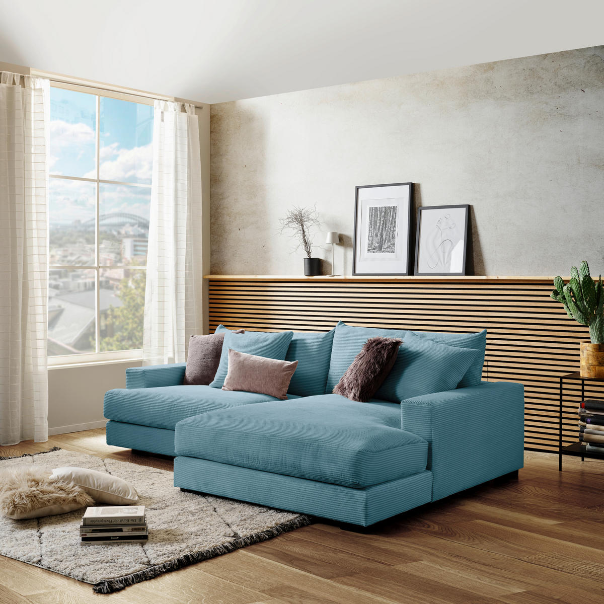 ECKSOFA Türkis Cord  - Türkis/Schwarz, MODERN, Textil (265/180cm) - P & B