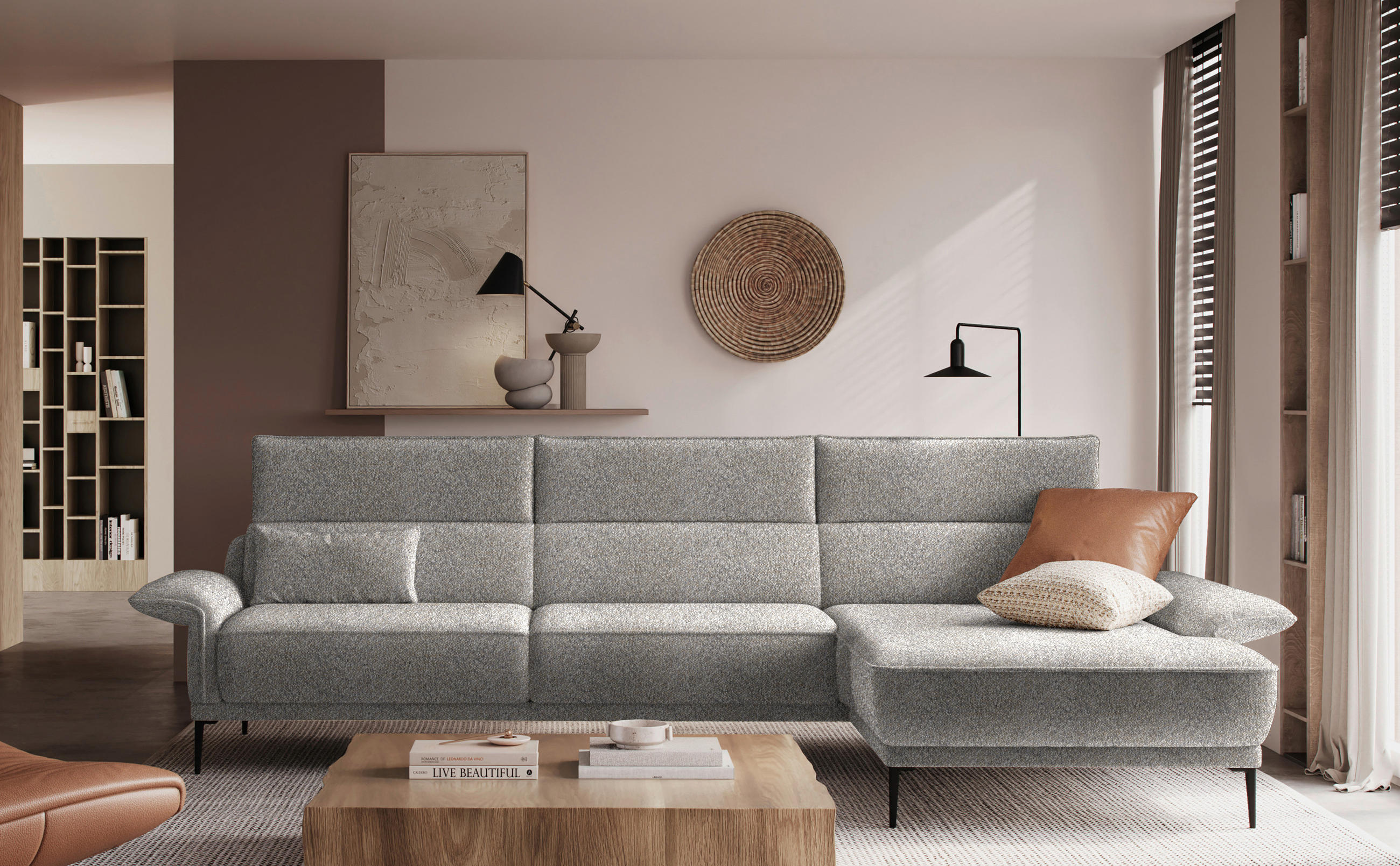 ECKSOFA in Bouclé Hellgrau  - Hellgrau/Schwarz, Design, Textil/Metall (330/186cm) - Johann Jakob