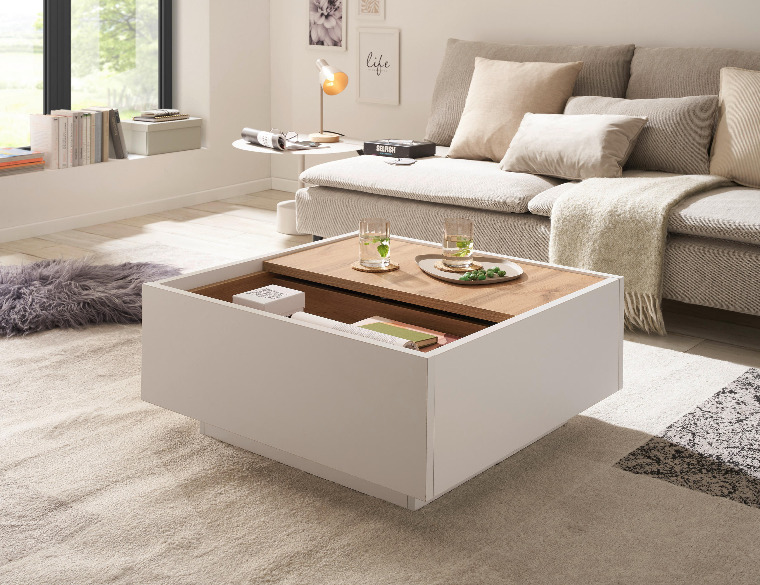 COUCHTISCH rechteckig Weiß, Eiche Wotan  - Eiche Wotan/Weiß, Design, Holzwerkstoff (75/34/75cm) - MID.YOU