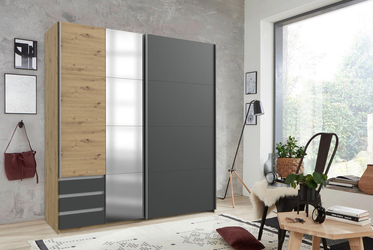 SCHWEBETÜRENSCHRANK 179/198/64 cm 2-türig Graphitfarben, Eichefarben  - Eichefarben/Alufarben, Basics, Holzwerkstoff/Metall (179/198/64cm) - Livetastic