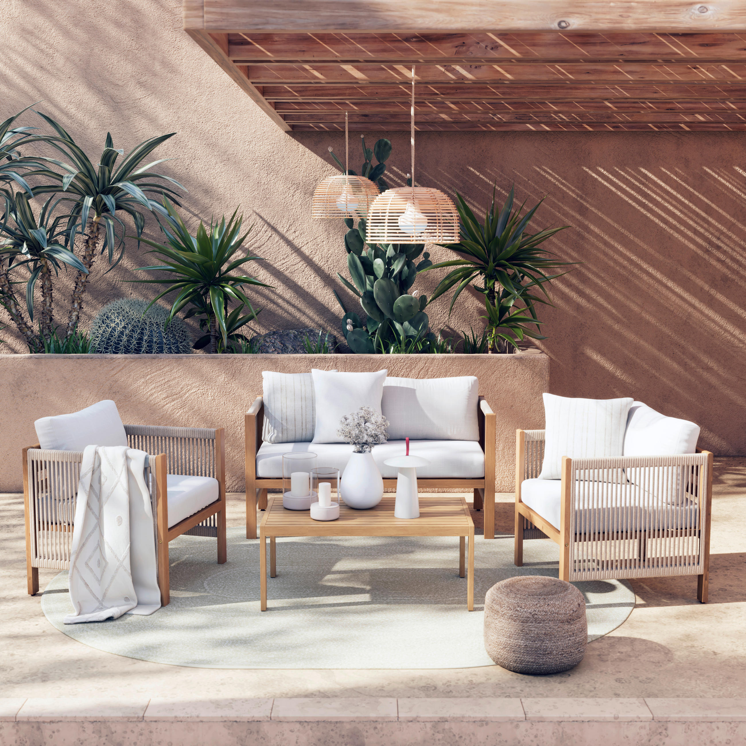 KERTI BÚTORSZETT 4 részes  - akácia színű/krém, Natur, textil/fa - Ambia Garden