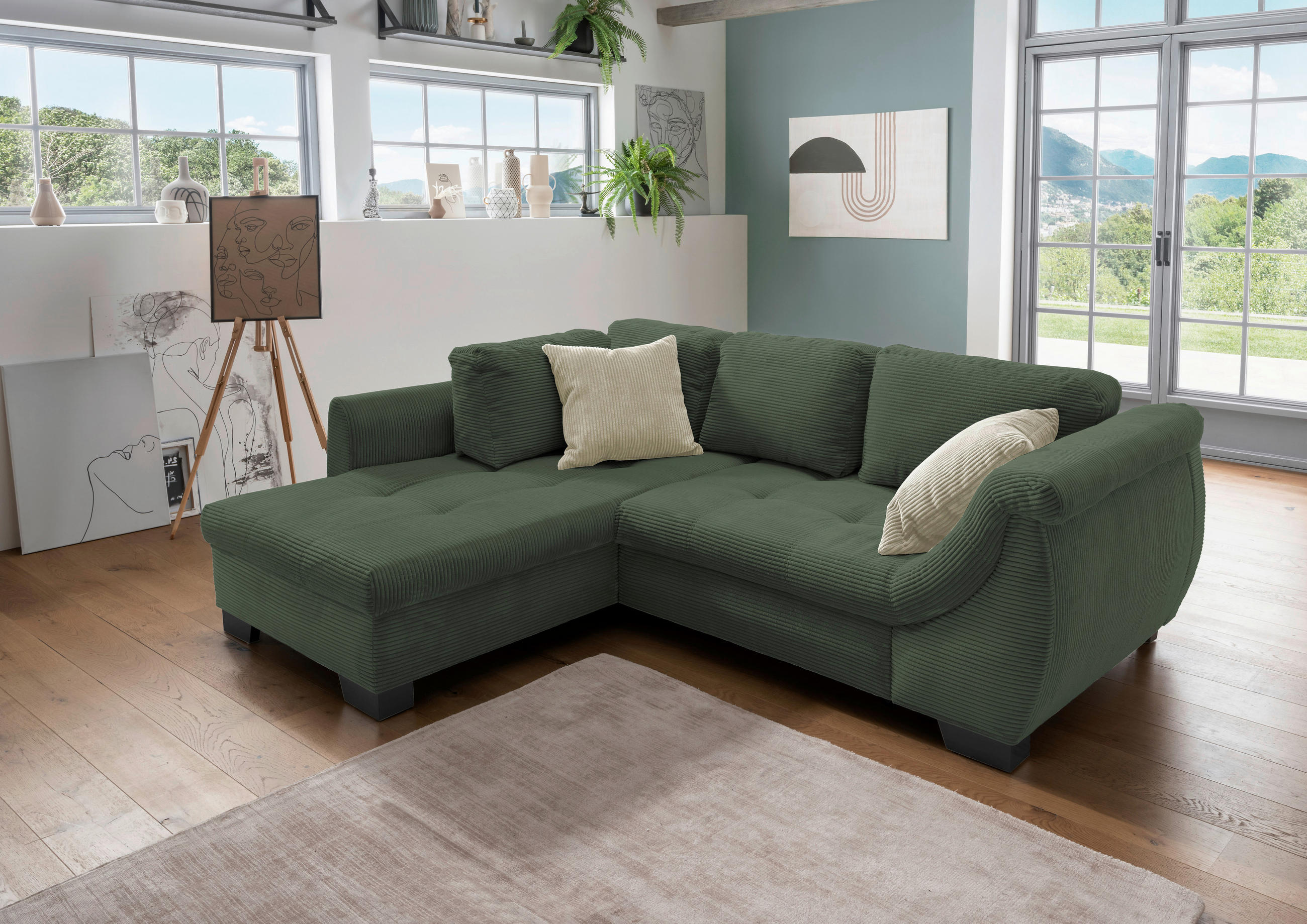 ECKSOFA Grün Cord  - Beige/Schwarz, Design, Holz/Textil (190/250cm) - MID.YOU