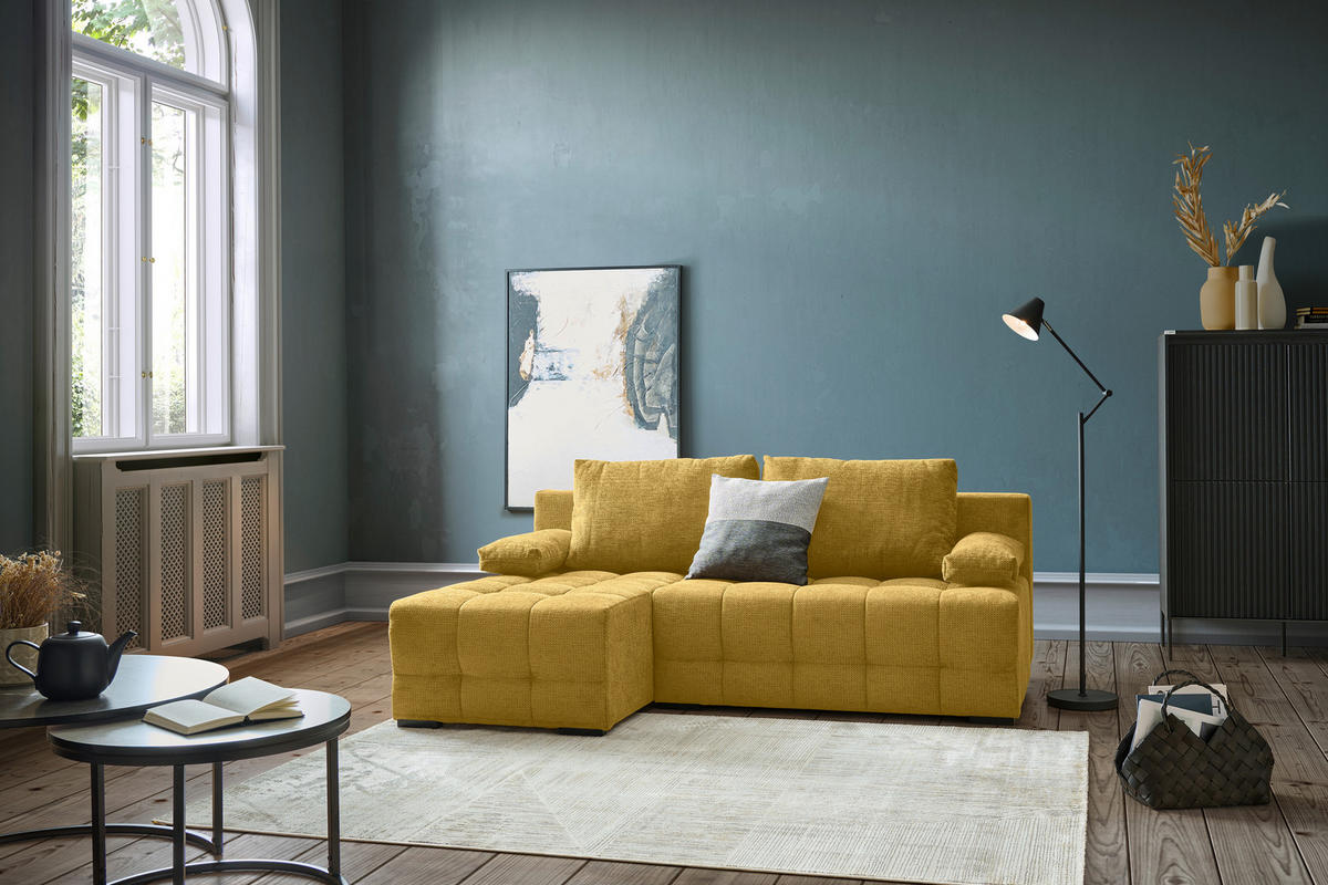 ECKSOFA Senfgelb Chenille  - Senfgelb/Schwarz, MODERN, Kunststoff/Textil (145/204cm) - home24