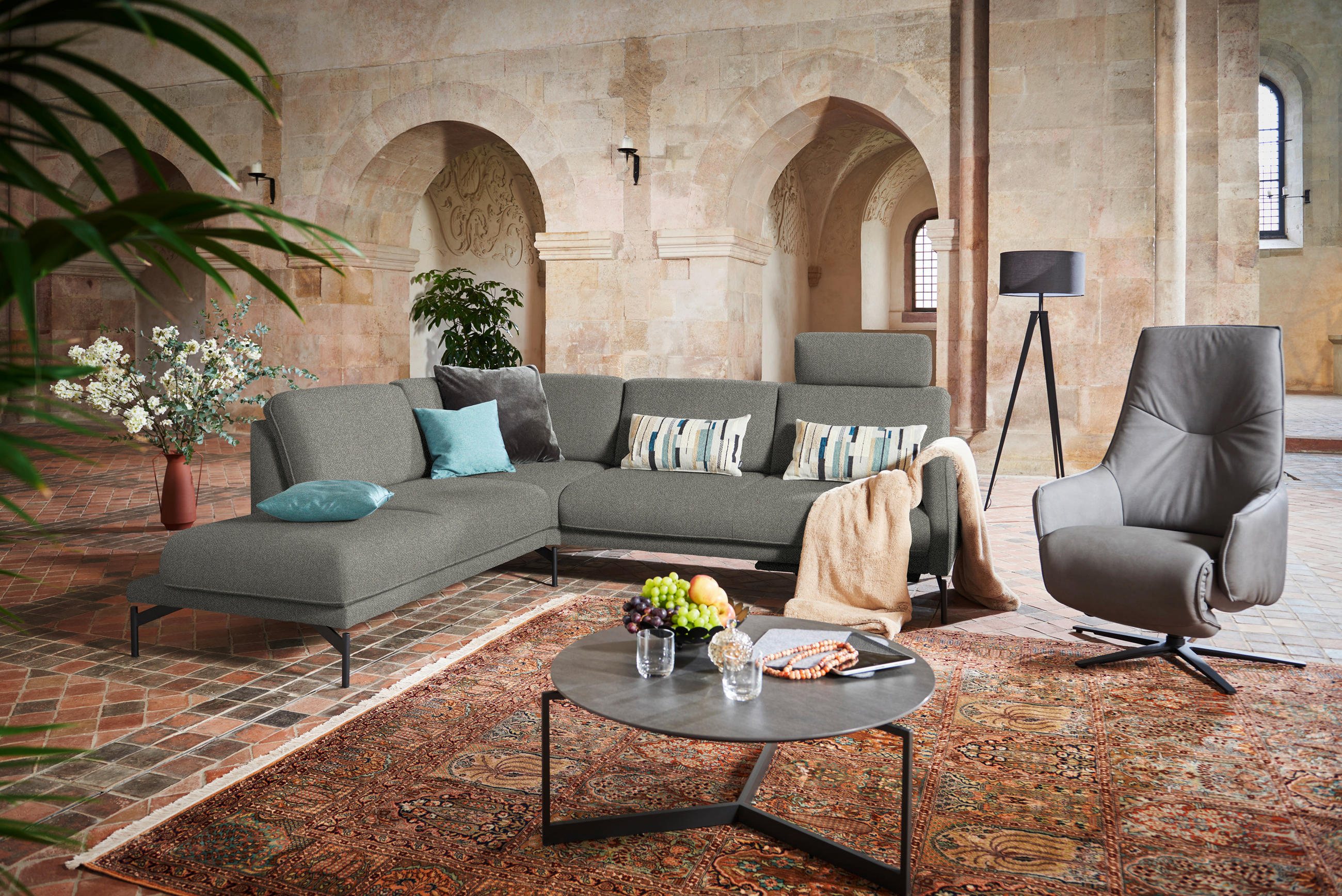 ECKSOFA in Flachgewebe Graubraun  - Anthrazit/Graubraun, Design, Textil/Metall (230/254cm) - Johann Jakob