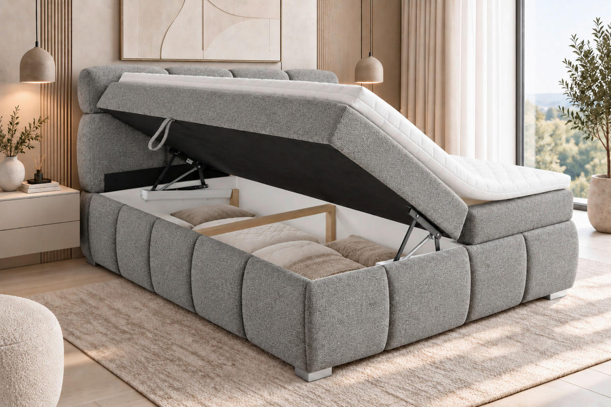 BOXBETT 140/200 cm,  in Grau, Bettkasten, Topper,  - Chromfarben/Grau, MODERN, Holz/Kunststoff (140/200cm) - MID.YOU