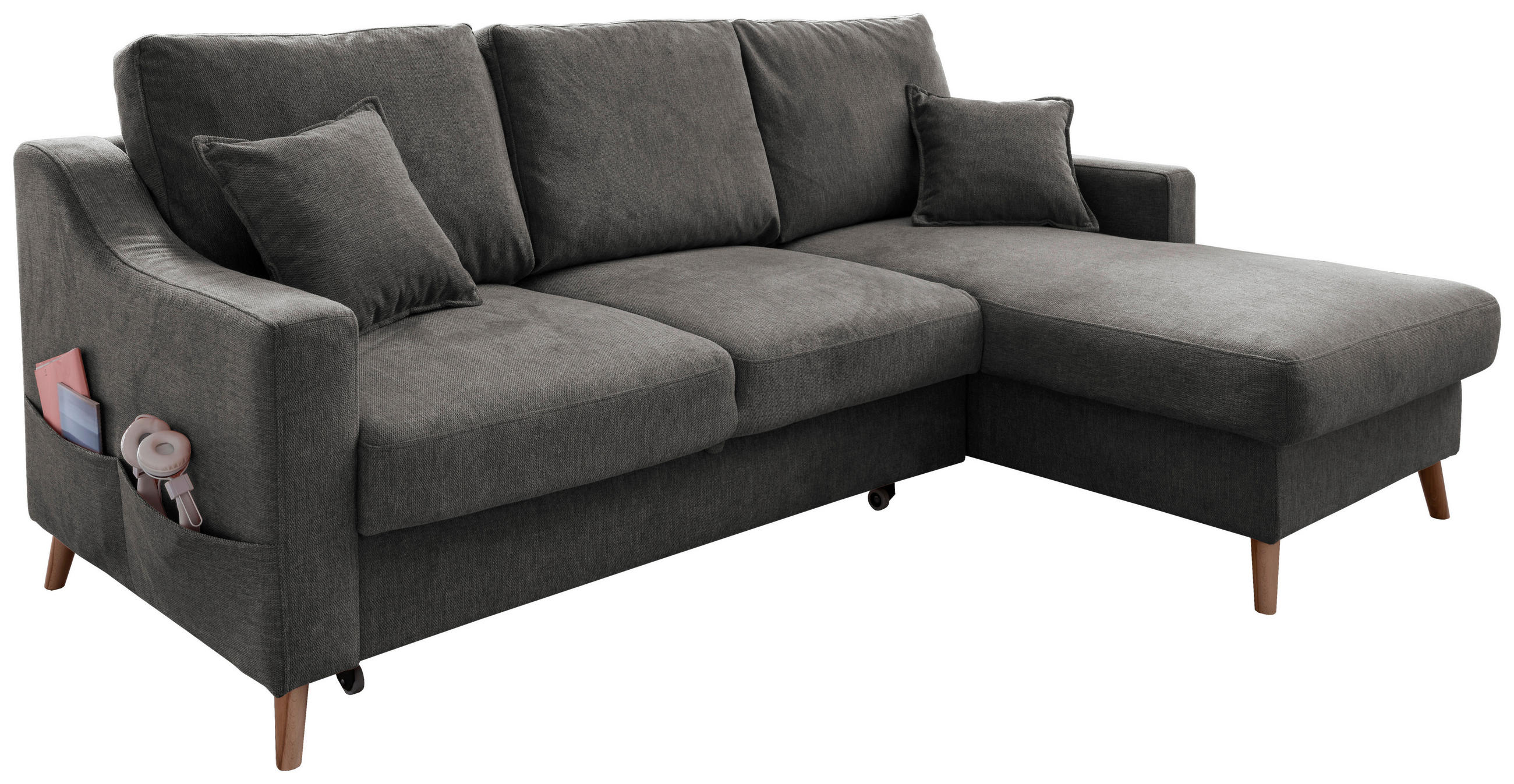 ECKSOFA Anthrazit Struktur Zierkissen, Rückenkissen, Bettkasten, Schlaffunktion, Rücken echt  - Anthrazit/Naturfarben, KONVENTIONELL, Holz/Textil (228/150cm) - P & B