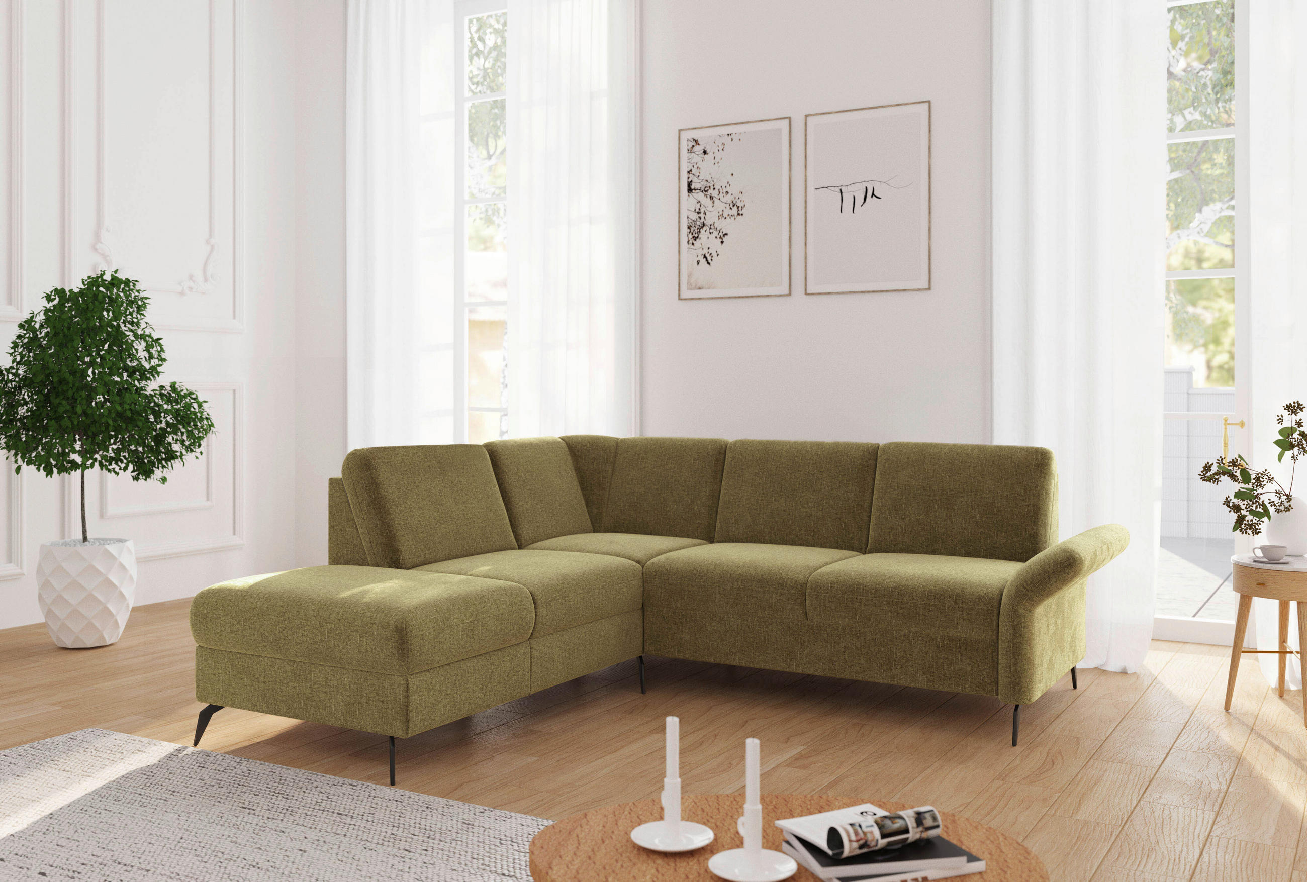 ECKSOFA ROCHELLE E Olivgrün Flachgewebe  - Schwarz/Olivgrün, KONVENTIONELL, Textil/Metall (216/240cm) - Sit & More
