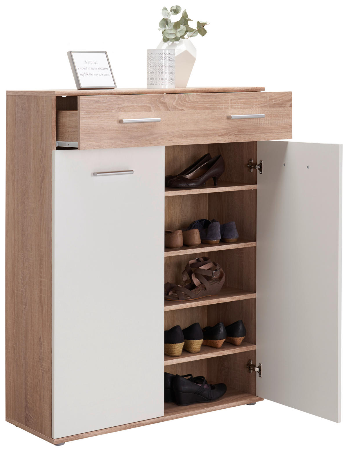 OMARA ZA ČEVLJE bela, hrast sonoma - srebrne barve/barve hrasta, Design, umetna masa/leseni material (90/120/36cm) - Carryhome