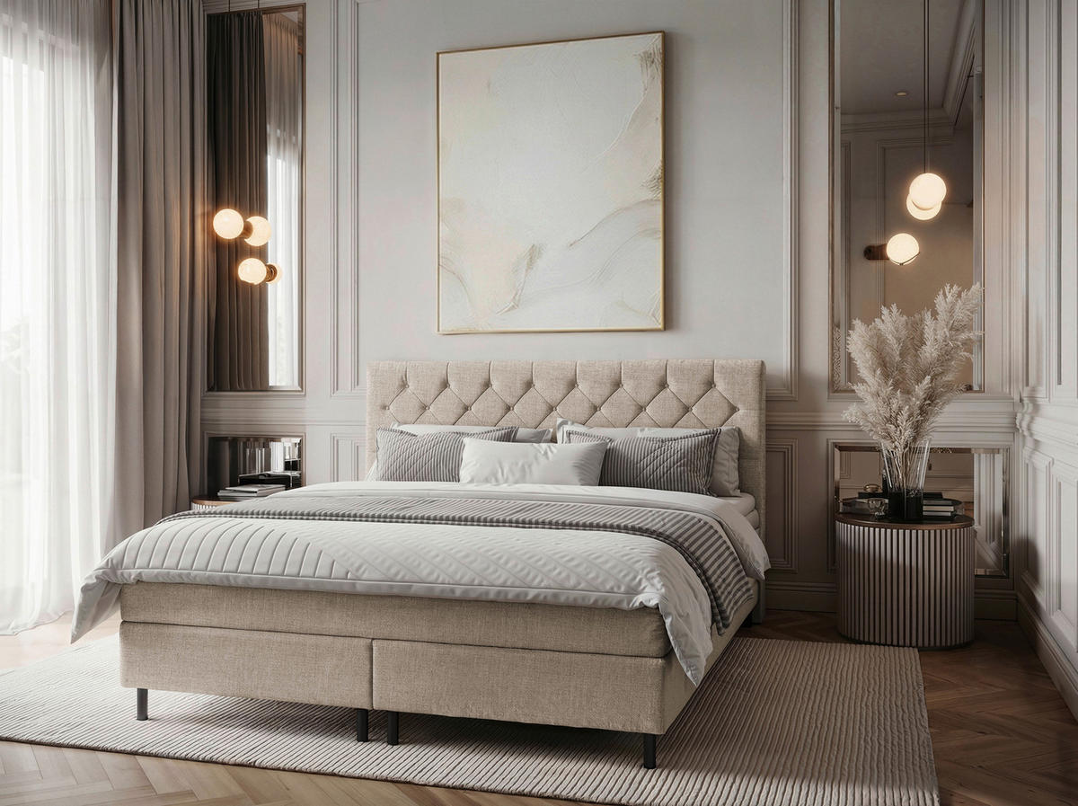 BOXSPRINGBETT 200/200 cm,  in Beige, Matratze, Topper, H2 + H2 = mittel  - Beige/Schwarz, KONVENTIONELL, Textil/Metall (200/200cm) - Chameo