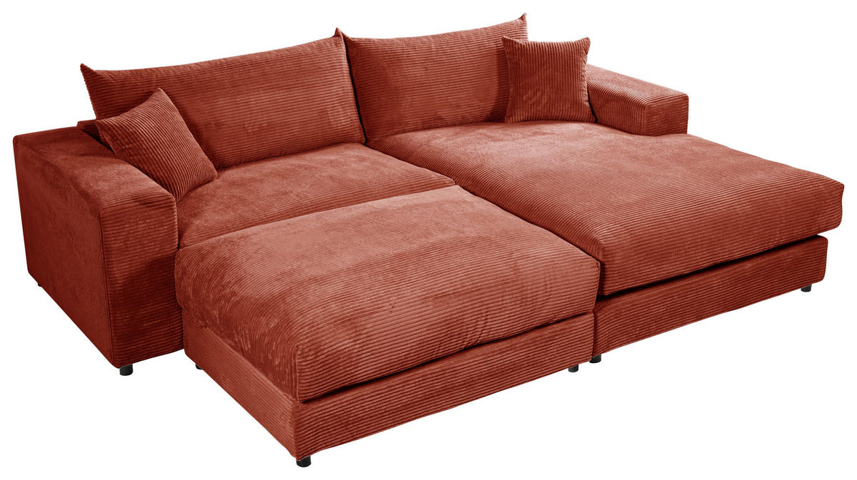 ECKSOFA FUNNY S Terracotta Cord, Velours Zierkissen, Rückenkissen, Hocker  - Terracotta/Schwarz, Basics, Kunststoff/Textil (265/180cm) - Livetastic